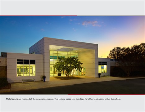 Stevens & Wilkinson SC Inc. specified metal wall panels for an expansion and renovation project at Chapin High School to contrast with the existing brick and designate focal points.