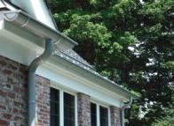 RHEINZINK America's Gutter System is made with a titanium zinc copper alloy and gutter components are available in prePATINA Blue- Grey and prePATINA Graphite-Grey finishes.