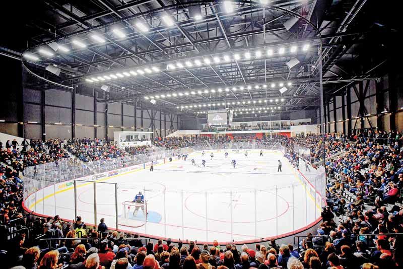 The inside of a hockey arena. 