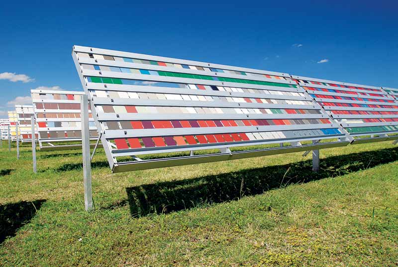 Courtesy AzkoNobel A test rack of colored cladding samples.