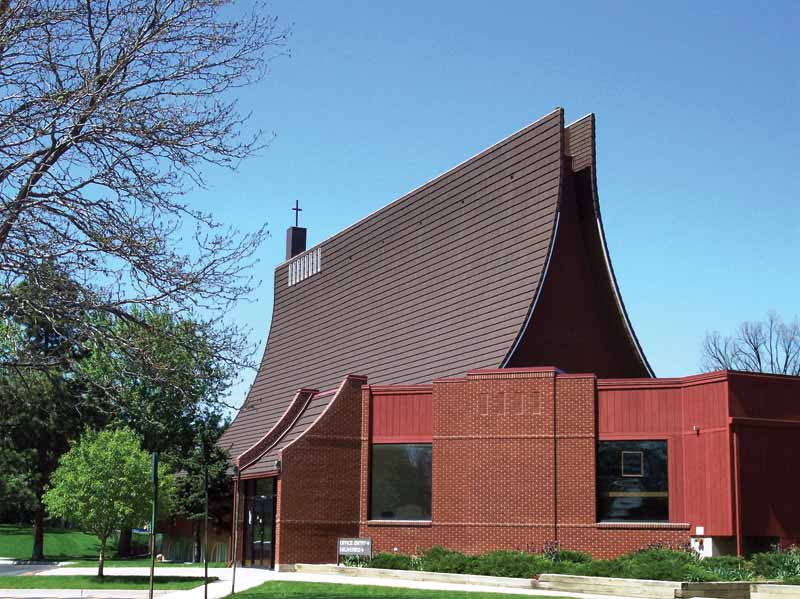 Courtesy Westlake Royal Building Products A church with stone-coated steel roofing, which provides great protection against fire hazards.