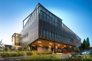 Courtesy Dri-Design and Linetec An exterior shot of TIDE Academy, a secondary school in Menlo Park, Calif.