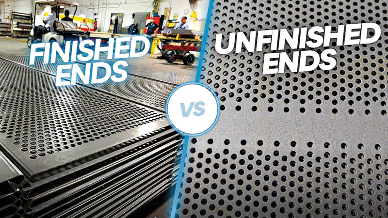 A photo comparing finished ends to unfinished ends on perforated metal. 