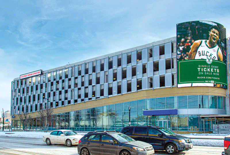 Courtesy Midwest Iron and Linetec The exterior of Fiserv Forum, home of the NBA's Milwaukee Bucks, during the winter months.