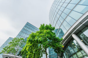 A building with trees surrounding it. 