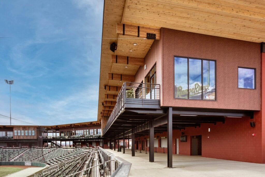 a baseball stadium with metal walls