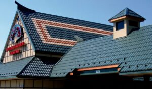 A metal roof on a Japanese steakhouse and sushi bar. 
