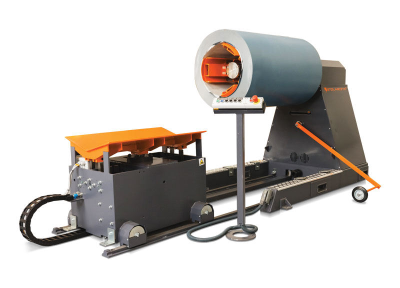 Photo courtesy MetalForming LLC A decoiler for unwinding and unrolling coils of metal