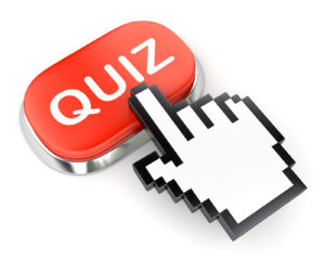 Red metallic web button with QUIZ text and hand mouse cursor isolated on white background. 3D illustration