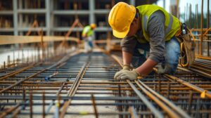 Photo by Sach336699/(c) Shutterstock/Courtesy AT-PAC Construction worker wearing a yellow hard hat and safety vest, kneeling and working on steel rebar at a construction site.