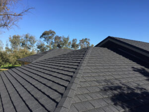 Photo courtesy McElroy Metal A roof of home with metal shingles.