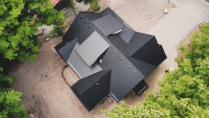 Overhead of metal roof on a residential building, a topic of discussion at METALCON.