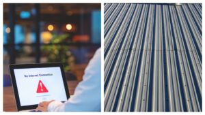 A collage of metal roof and someone looking at a screen saying no Wi-Fi connection.