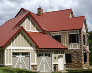 A building with metal roofing and walls, appropriate locations to use both SMP and PVDF coatings. 