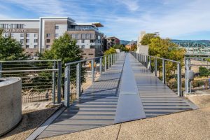 A walkway that uses non-slip metal flooring. 