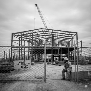 Image generated by Google Gemini/Nano Banana A metal building with a worker sitting, depicting a sign about the 0.2 percent job growth in the construction industry.
