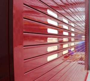 A close of a rolling steel door. 