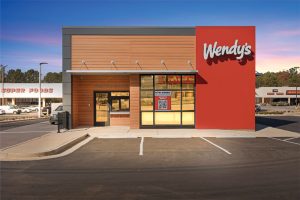 A Wendy's location with striking metal wall exteriors. 