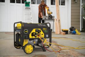 A staged photo showing a portable generator on a construction jobsite. 