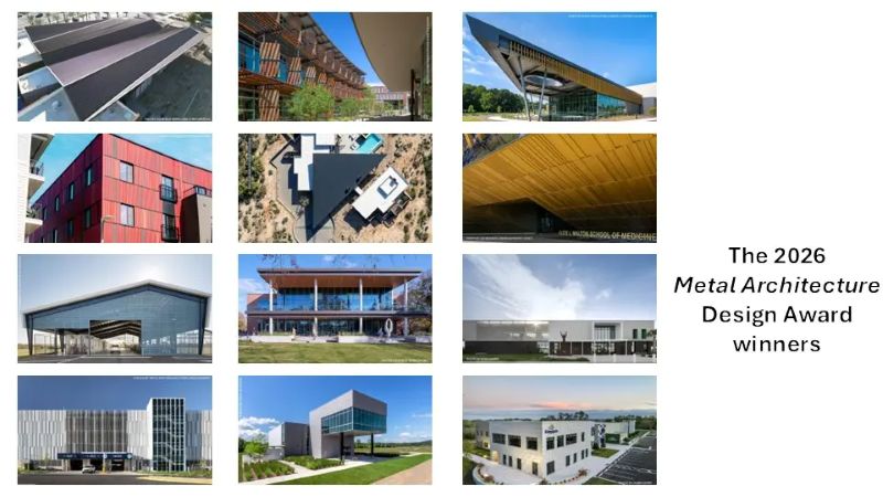 Collage of winning projects from Metal Architecture’s 2026 Design Awards.