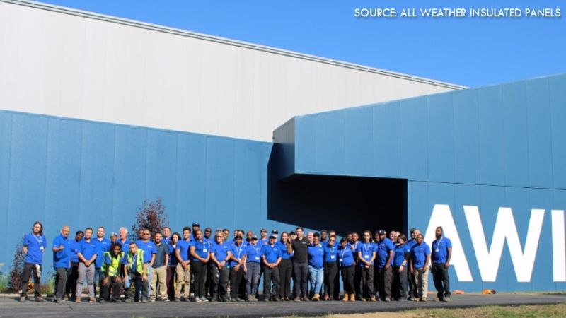 Employees pose for a group photo outside the company’s manufacturing facility.