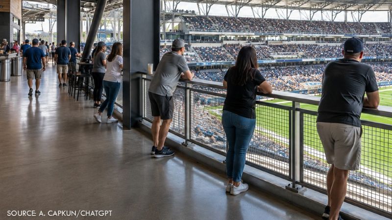 Spectators stand along metal railings in an open stadium concourse overlooking the playing field, illustrating how modern venue design maintains visual connection to the action even when fans leave their seats.