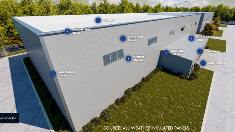 Digital model of a metal building with clickable hotspots identifying roof and wall panels, framed openings, corners, eaves, and other building details.