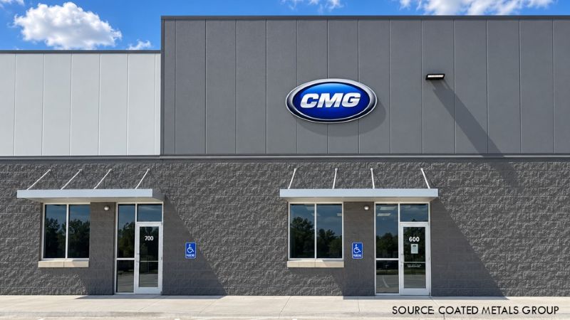 Storefront of the Coated Metals Group facility in La Vista, Nebraska, with the company logo above the entrance.