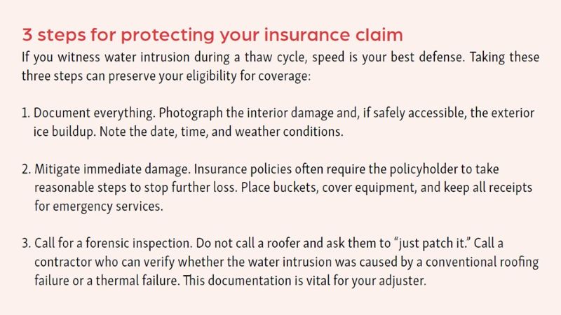 If you witness water intrusion during a thaw cycle, speed is your best defense. Taking these three steps can preserve your eligibility for coverage: 1. Document everything. Photograph the interior damage and, if safely accessible, the exterior ice buildup. Note the date, time, and weather conditions. 2. Mitigate immediate damage. Insurance policies often require the policyholder to take reasonable steps to stop further loss. Place buckets, cover equipment, and keep all receipts for emergency services. 3. Call for a forensic inspection. Do not call a roofer and ask them to “just patch it.” Call a contractor who can verify whether the water intrusion was caused by a conventional roofing failure or a thermal failure. This documentation is vital for your adjuster.